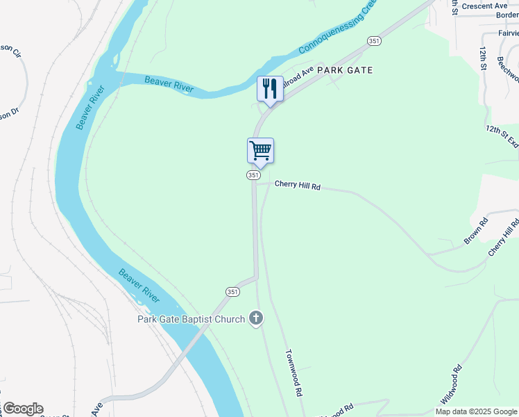 map of restaurants, bars, coffee shops, grocery stores, and more near 2425 River Road in Ellwood City