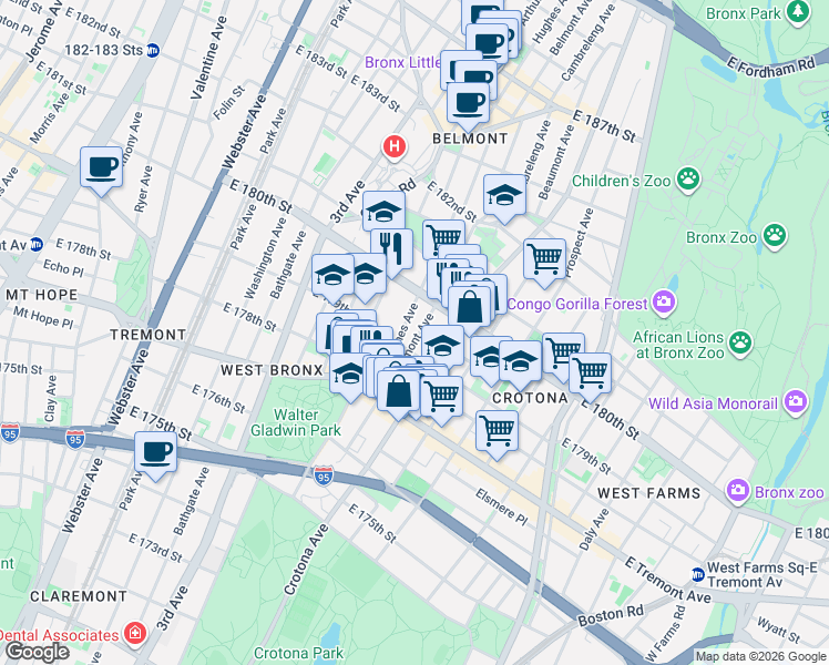 map of restaurants, bars, coffee shops, grocery stores, and more near 2072 Belmont Avenue in Bronx