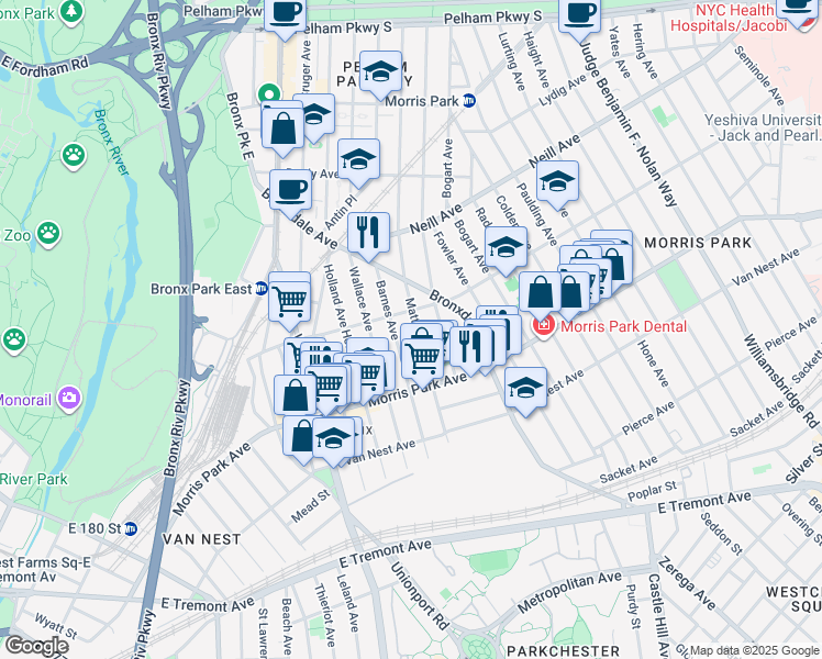 map of restaurants, bars, coffee shops, grocery stores, and more near 1868 Barnes Avenue in Bronx
