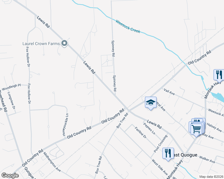 map of restaurants, bars, coffee shops, grocery stores, and more near 143 Spinney Road in East Quogue