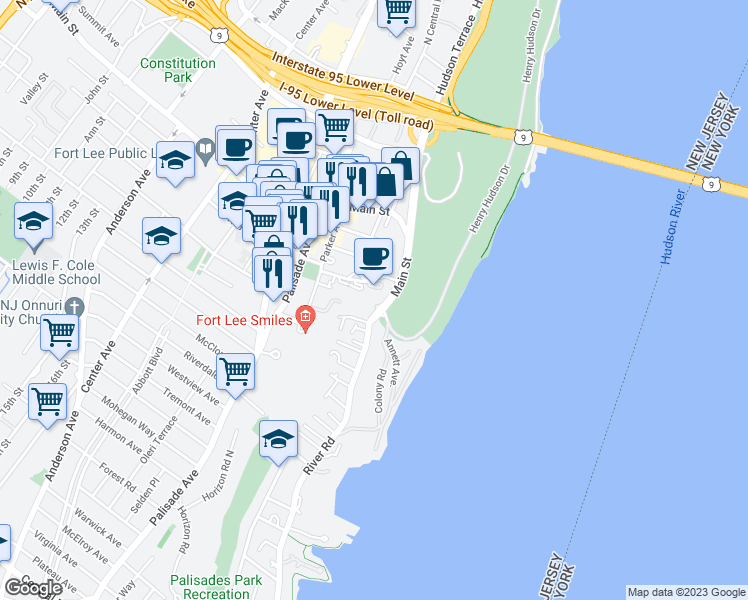map of restaurants, bars, coffee shops, grocery stores, and more near 100 Old Palisade Road in Fort Lee