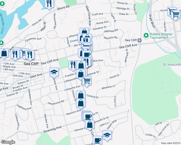 map of restaurants, bars, coffee shops, grocery stores, and more near 214 Glen Cove Avenue in Glen Cove