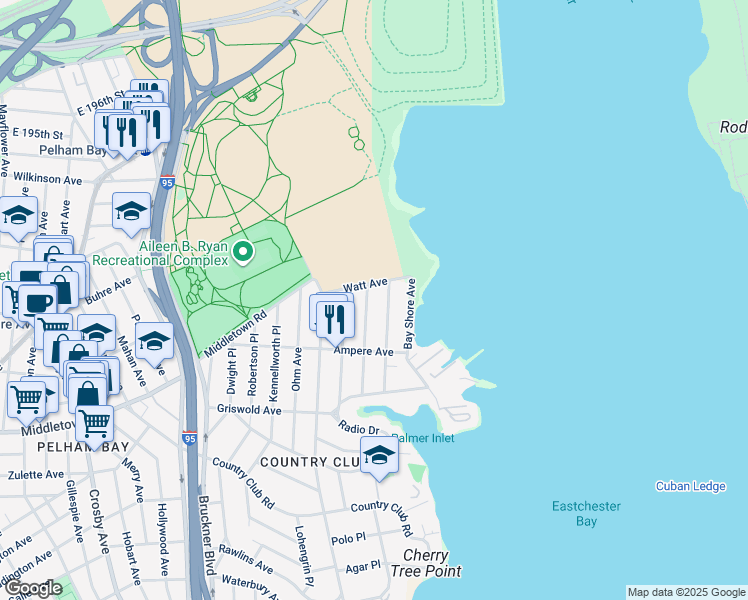 map of restaurants, bars, coffee shops, grocery stores, and more near 1656 Library Avenue in Bronx