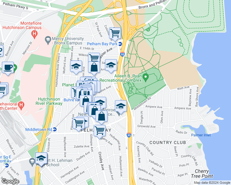 map of restaurants, bars, coffee shops, grocery stores, and more near 3533 Bruckner Boulevard in Bronx