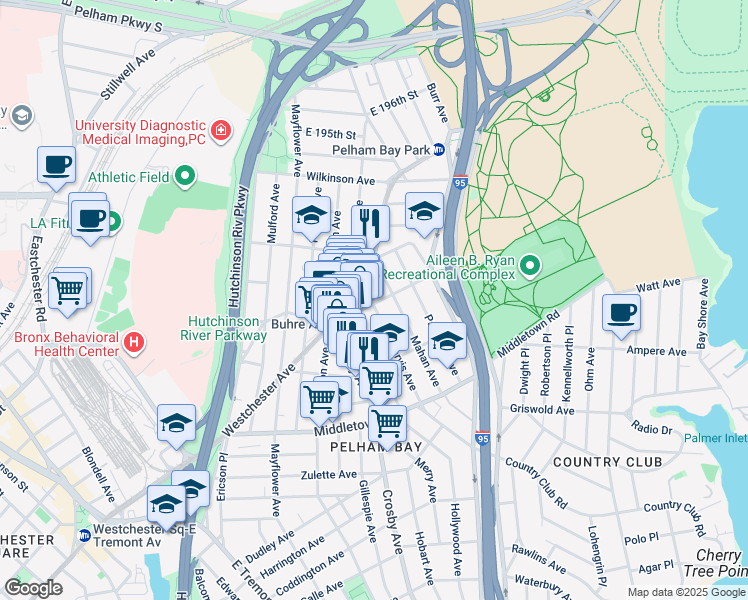 map of restaurants, bars, coffee shops, grocery stores, and more near 1803 Mahan Avenue in Bronx