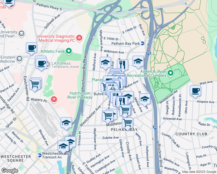 map of restaurants, bars, coffee shops, grocery stores, and more near 1824 Pilgrim Avenue in Bronx