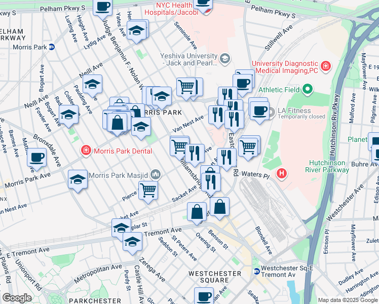 map of restaurants, bars, coffee shops, grocery stores, and more near 1610 Yates Avenue in Bronx