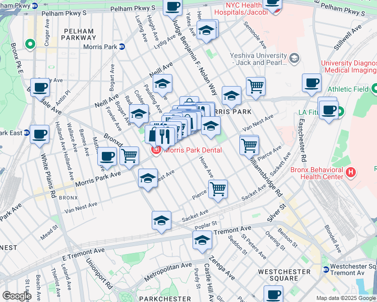 map of restaurants, bars, coffee shops, grocery stores, and more near 1717 Hone Avenue in Bronx