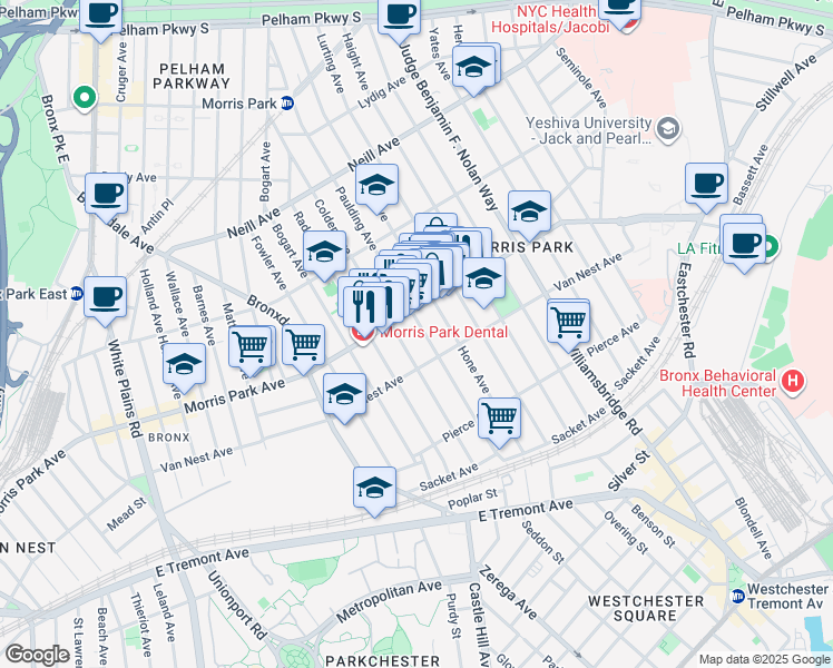 map of restaurants, bars, coffee shops, grocery stores, and more near 1731 Paulding Avenue in Bronx
