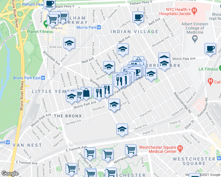 map of restaurants, bars, coffee shops, grocery stores, and more near 1821 Bogart Avenue in The Bronx