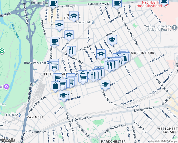 map of restaurants, bars, coffee shops, grocery stores, and more near 1859 Muliner Avenue in Bronx