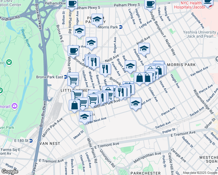 map of restaurants, bars, coffee shops, grocery stores, and more near 1859 Muliner Avenue in Bronx