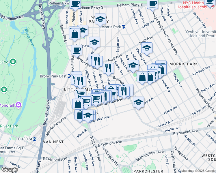 map of restaurants, bars, coffee shops, grocery stores, and more near 1868 Barnes Avenue in Bronx