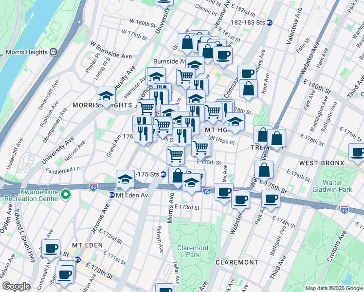 map of restaurants, bars, coffee shops, grocery stores, and more near 149 East 176th Street in Bronx