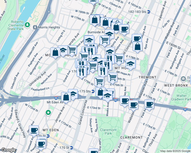 map of restaurants, bars, coffee shops, grocery stores, and more near 1790 Walton Avenue in Bronx