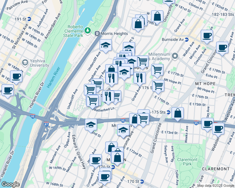 map of restaurants, bars, coffee shops, grocery stores, and more near 1696 Nelson Avenue in Bronx