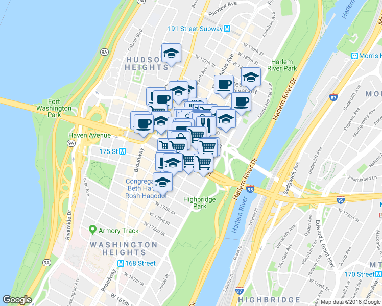 map of restaurants, bars, coffee shops, grocery stores, and more near 550 West 181st Street in New York