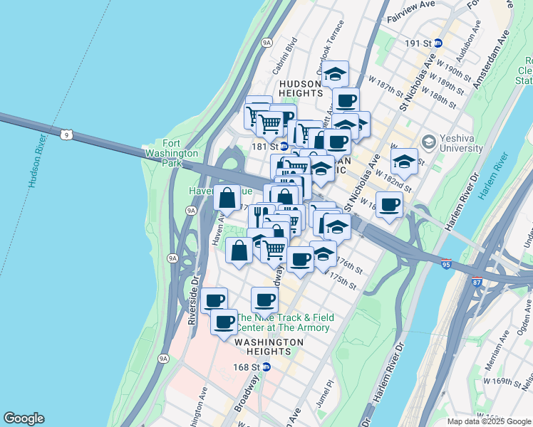 map of restaurants, bars, coffee shops, grocery stores, and more near in New York