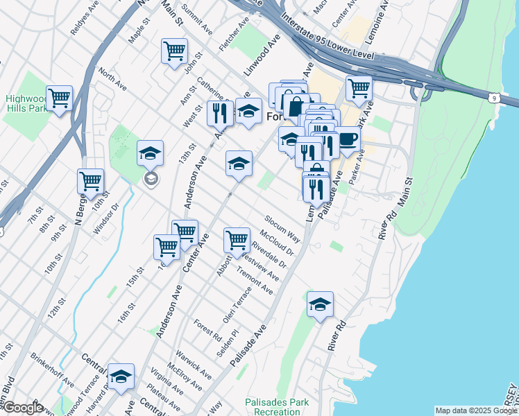 map of restaurants, bars, coffee shops, grocery stores, and more near 276 Tom Hunter Road in Fort Lee