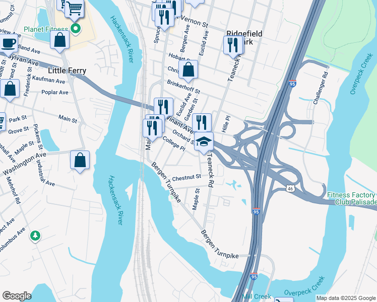 map of restaurants, bars, coffee shops, grocery stores, and more near 74 College Place in Ridgefield Park