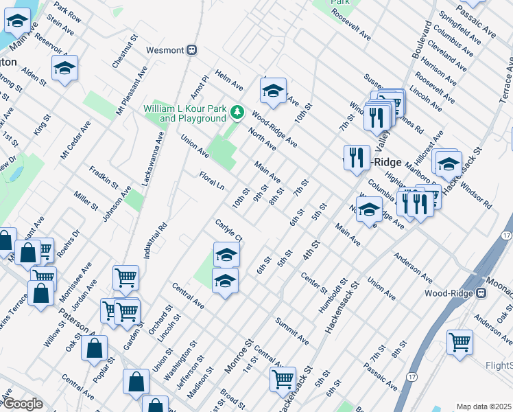 map of restaurants, bars, coffee shops, grocery stores, and more near 326 Union Avenue in Wood-Ridge