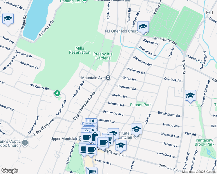 map of restaurants, bars, coffee shops, grocery stores, and more near 714 Valley Road in Montclair