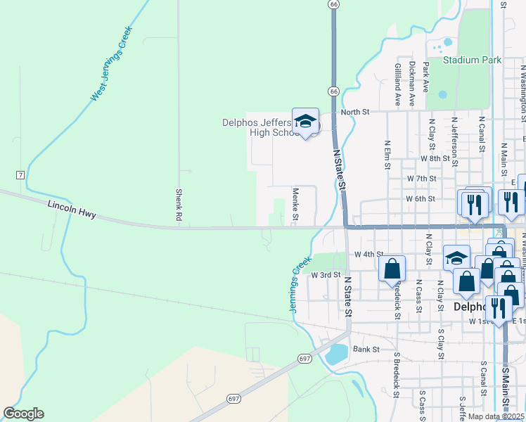 map of restaurants, bars, coffee shops, grocery stores, and more near 1101-1299 William Avenue in Delphos
