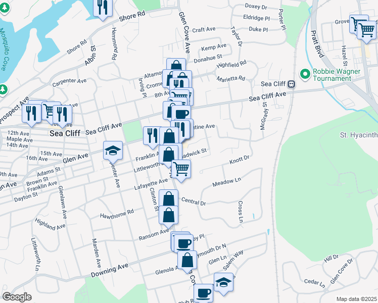 map of restaurants, bars, coffee shops, grocery stores, and more near 214 Glen Cove Avenue in Glen Cove