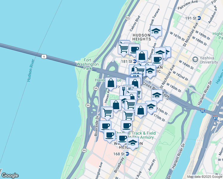 map of restaurants, bars, coffee shops, grocery stores, and more near in New York