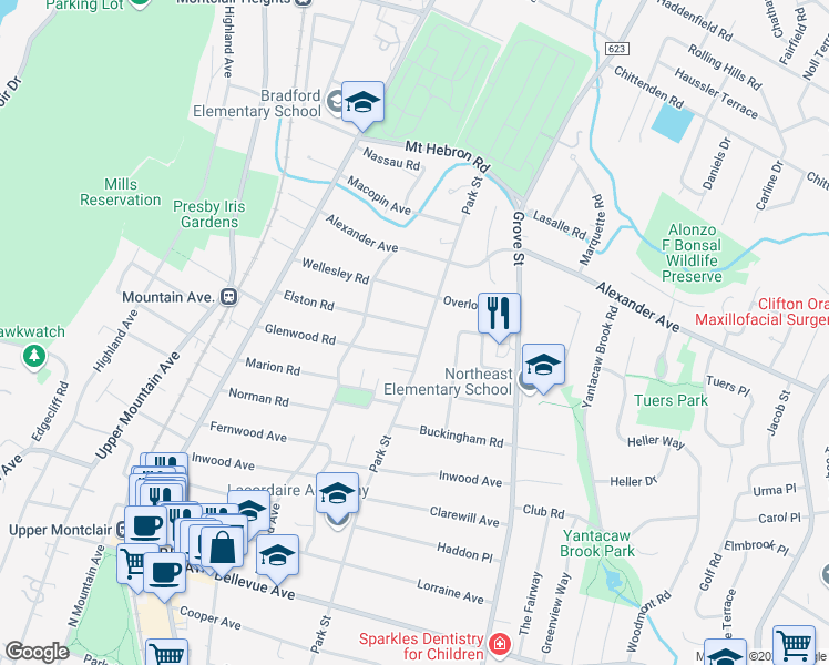 map of restaurants, bars, coffee shops, grocery stores, and more near 12 Elston Road in Montclair
