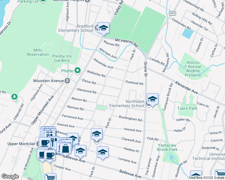 map of restaurants, bars, coffee shops, grocery stores, and more near 12 Elston Rd in Montclair