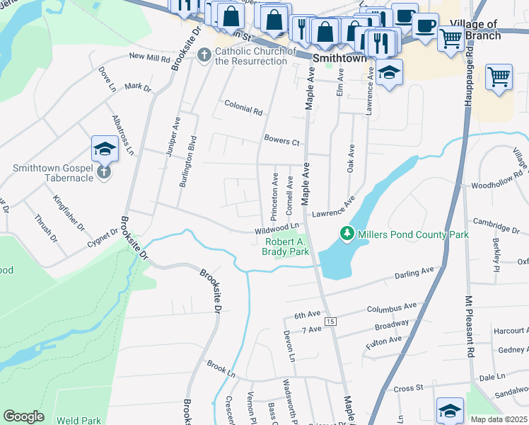map of restaurants, bars, coffee shops, grocery stores, and more near 201 New York Avenue in Smithtown