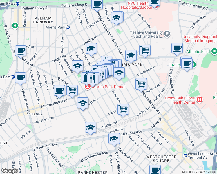 map of restaurants, bars, coffee shops, grocery stores, and more near 1717 Hone Avenue in Bronx