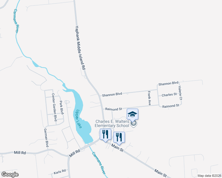 map of restaurants, bars, coffee shops, grocery stores, and more near 409 Shannon Boulevard in Yaphank