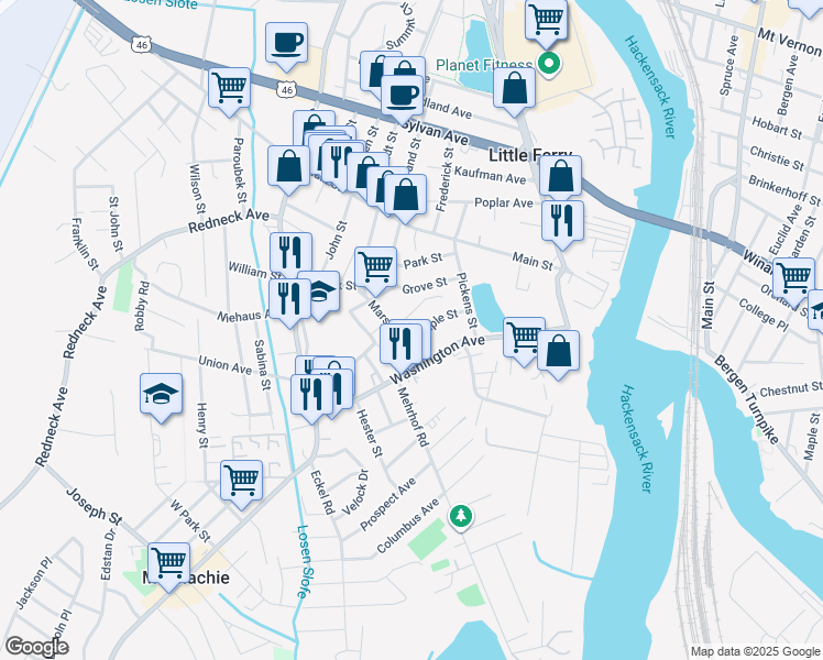 map of restaurants, bars, coffee shops, grocery stores, and more near 50 Maple Street in Little Ferry