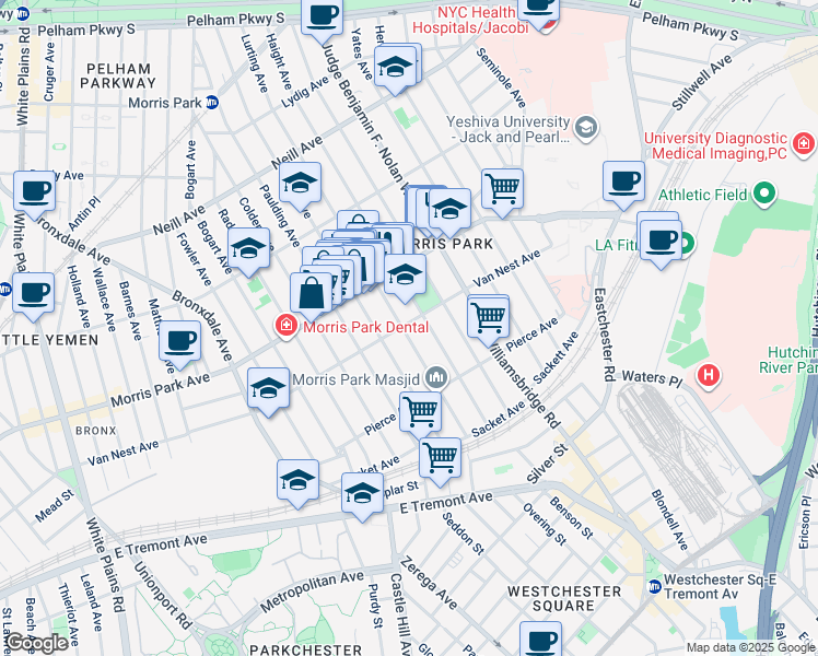 map of restaurants, bars, coffee shops, grocery stores, and more near 1672 Lurting Avenue in Bronx