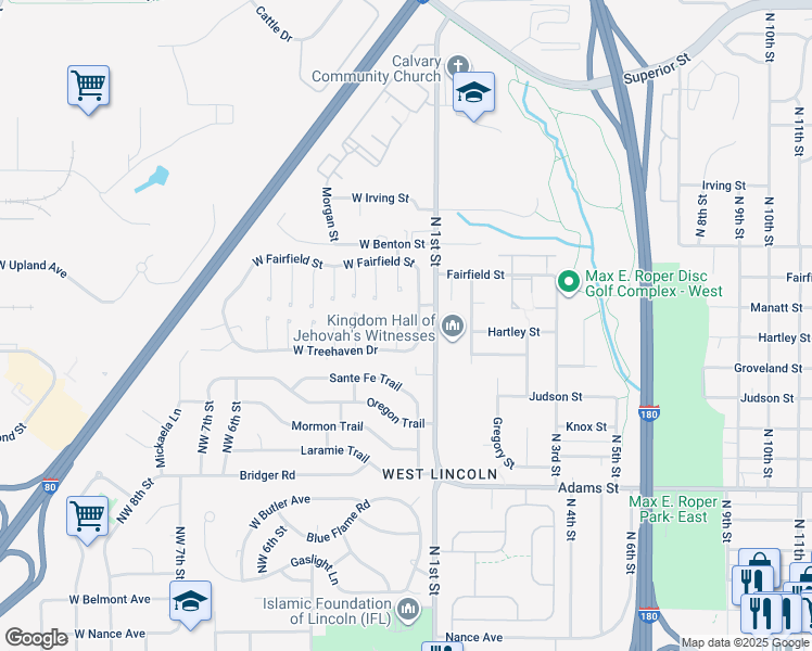 map of restaurants, bars, coffee shops, grocery stores, and more near 3612 Northwest Satinwood Court in Lincoln