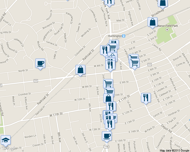 map of restaurants, bars, coffee shops, grocery stores, and more near 68 West Pulaski Road in Huntington Station