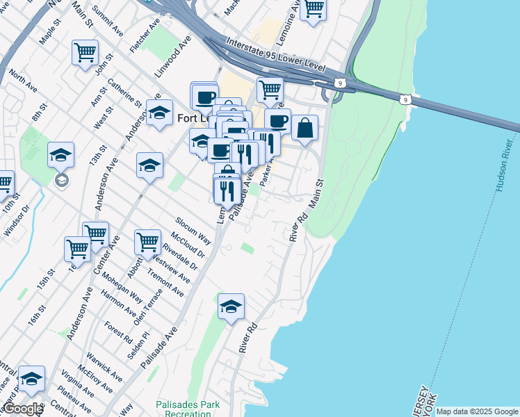 map of restaurants, bars, coffee shops, grocery stores, and more near 1600 Parker Avenue in Fort Lee
