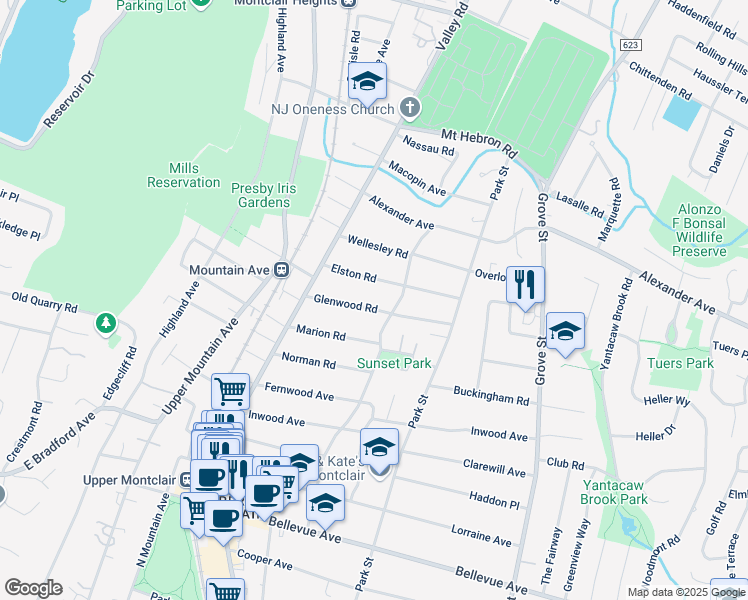 map of restaurants, bars, coffee shops, grocery stores, and more near 43 Glenwood Road in Montclair