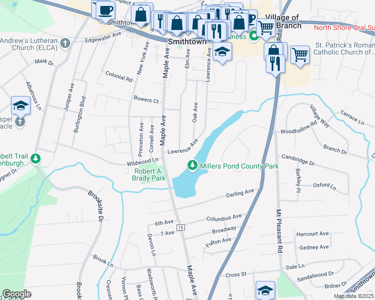 map of restaurants, bars, coffee shops, grocery stores, and more near 26 Lawrence Avenue in Smithtown