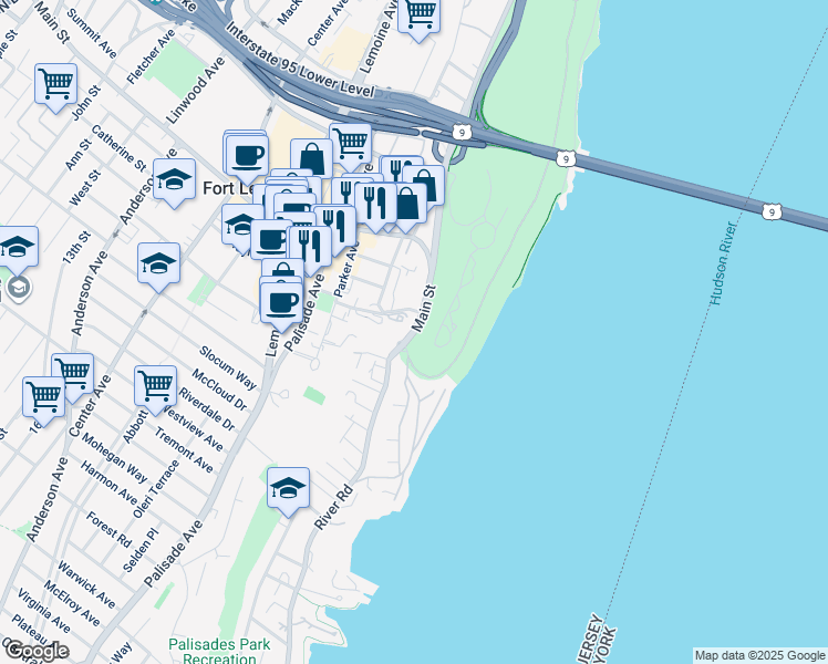 map of restaurants, bars, coffee shops, grocery stores, and more near 1 Main Street in Fort Lee