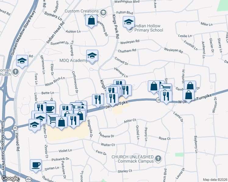 map of restaurants, bars, coffee shops, grocery stores, and more near 24 Sandy Hill Road in Commack