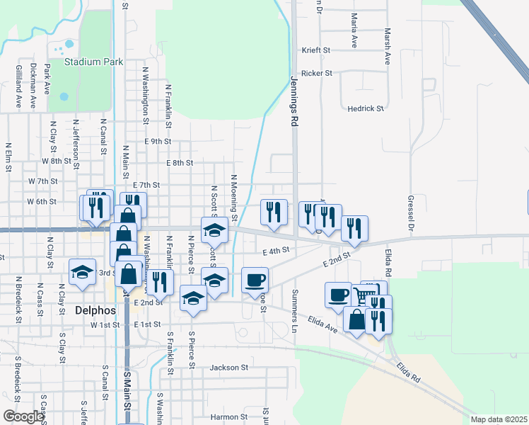 map of restaurants, bars, coffee shops, grocery stores, and more near 645 E 6th St in Delphos