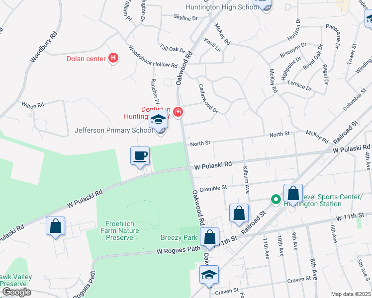 map of restaurants, bars, coffee shops, grocery stores, and more near 295 Oakwood Road in Huntington