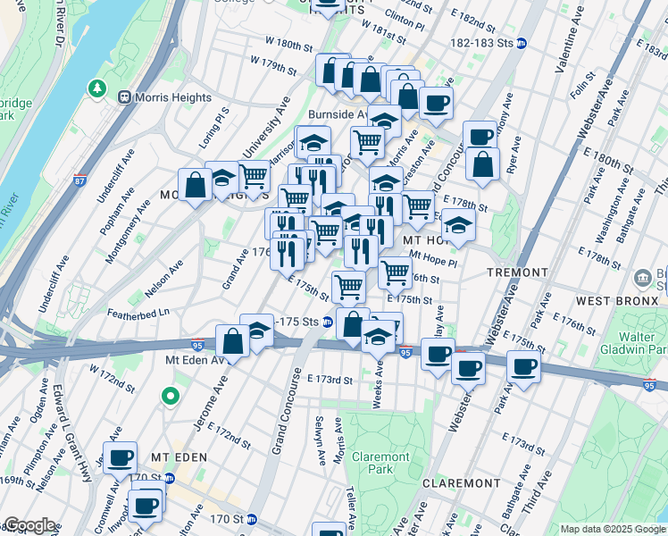 map of restaurants, bars, coffee shops, grocery stores, and more near 1790 Walton Avenue in Bronx