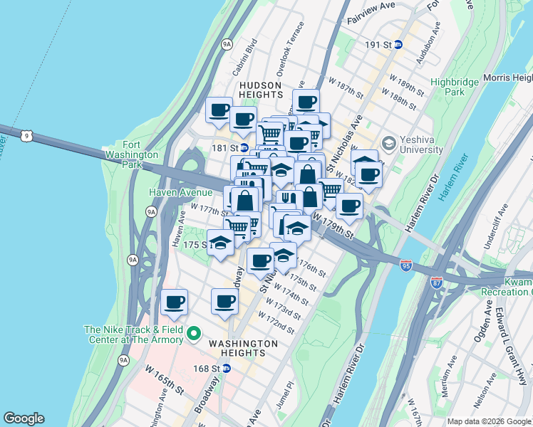 map of restaurants, bars, coffee shops, grocery stores, and more near West 178th Street in New York