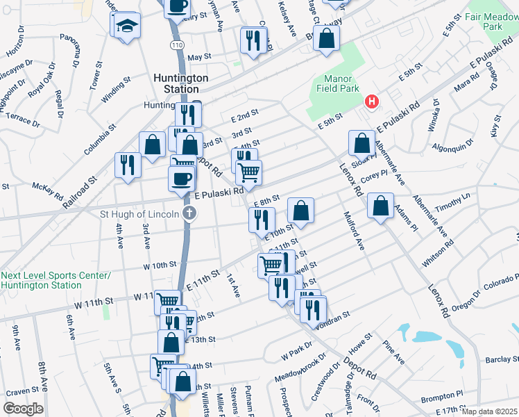 map of restaurants, bars, coffee shops, grocery stores, and more near 1 East 8th Street in Huntington Station