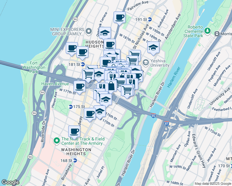 map of restaurants, bars, coffee shops, grocery stores, and more near 535 West 179th Street in New York