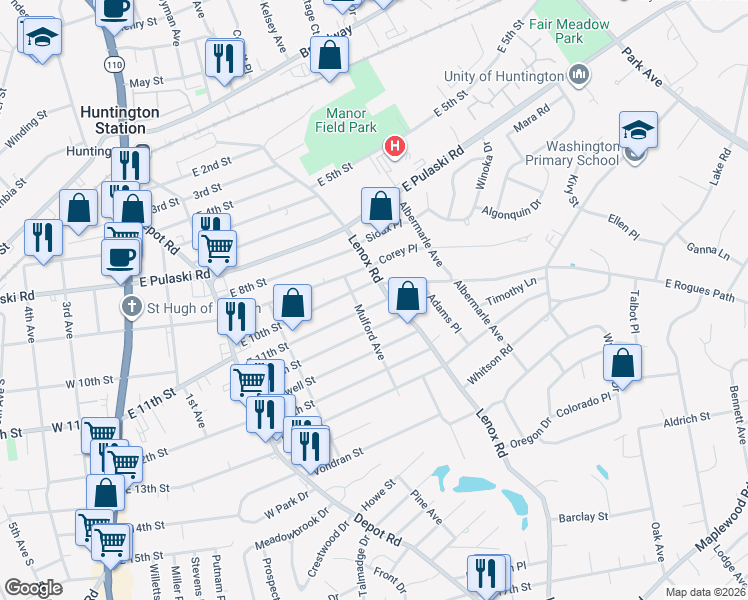 map of restaurants, bars, coffee shops, grocery stores, and more near 199 East 11th Street in Huntington Station
